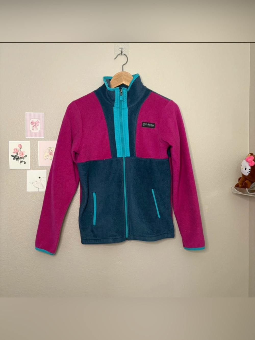 Columbia fleece pink blue turquoise full zip jacket winter fall blokecore casua